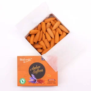 Öppnad ask med orange Biofresh Backflow rökelsekoner Amber Safran