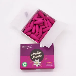 Öppnad ask med rosa Biofresh backflow rökelsekoner Arabian Jasmine