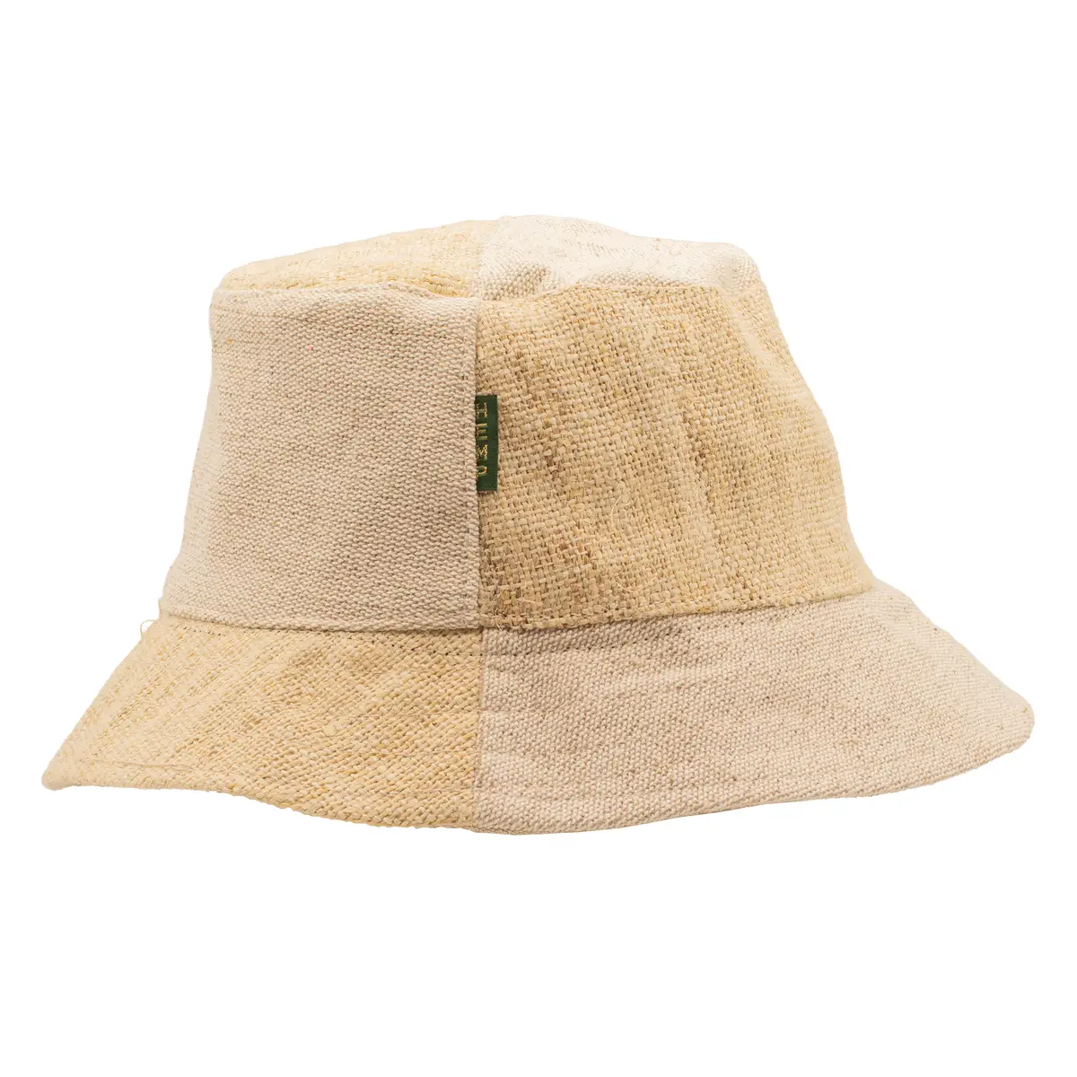 Naturfärgad bohemisk festivalhatt i hampa och bomull med lapptäckesdesign