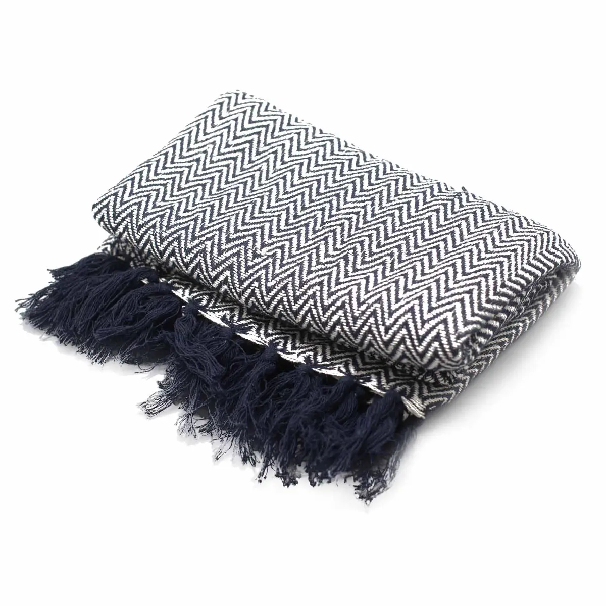 Bohemisk myspläd i bomull med marinblå zigzagmönster 125x150 cm - produktbild 3