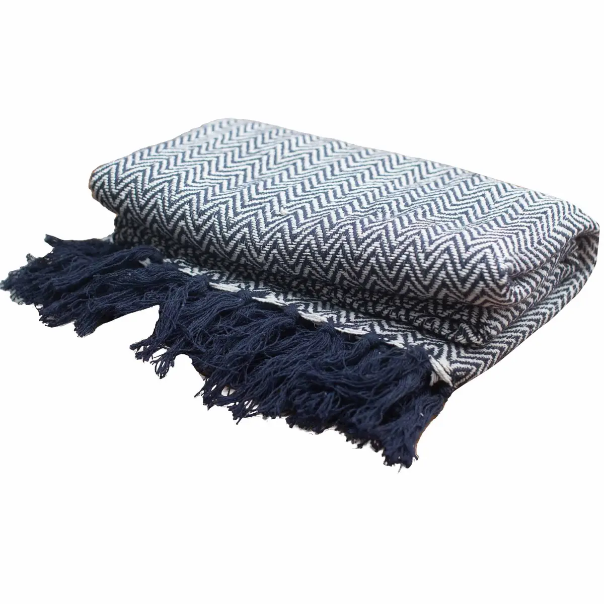 Bohemisk myspläd i bomull med marinblå zigzagmönster 125x150 cm - produktbild 4
