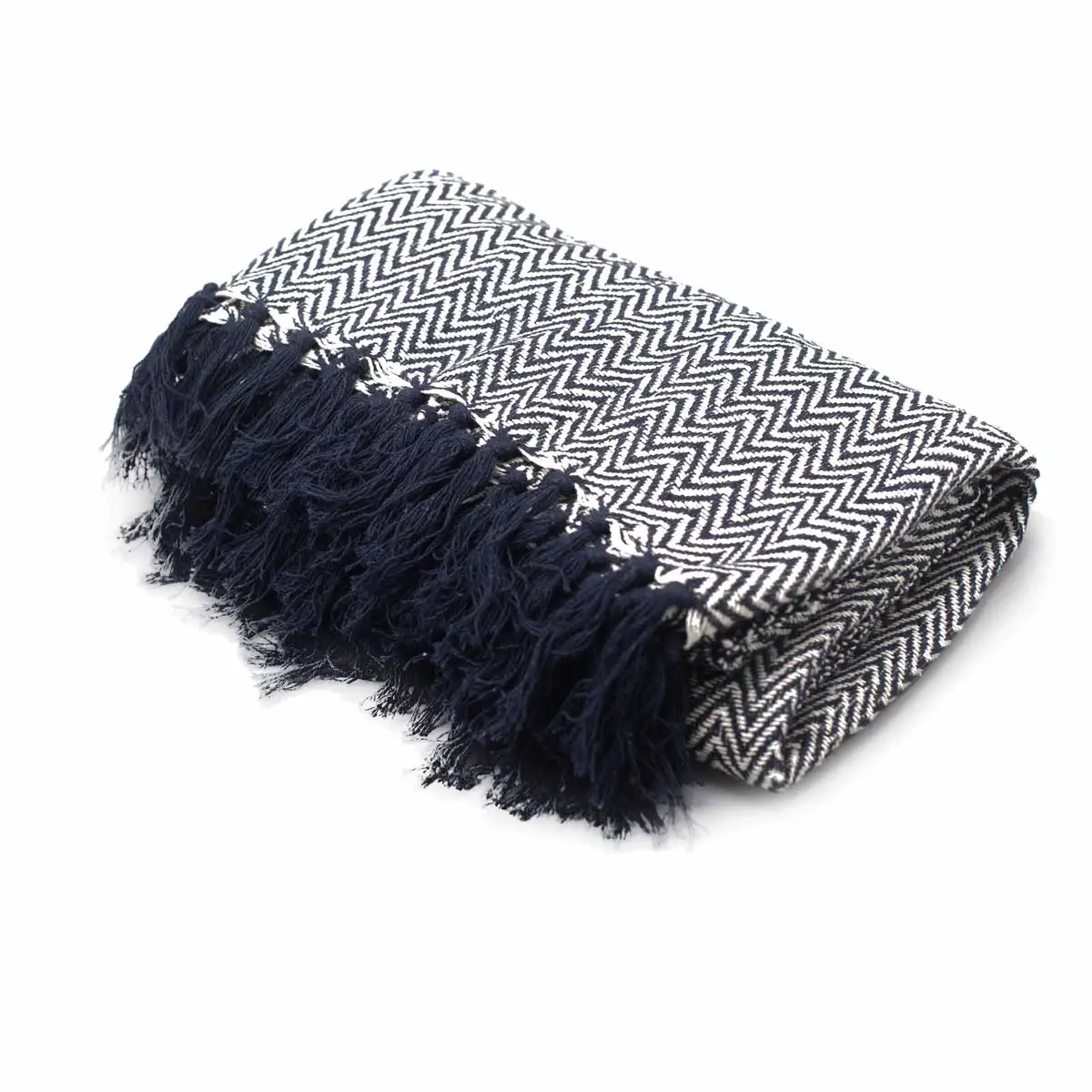 Bohemisk myspläd i bomull med marinblå zigzagmönster 125x150 cm - produktbild 5