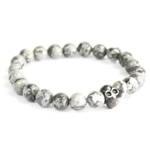 Boho-armband med runda grå agatpärlor och tennskalle som detalj