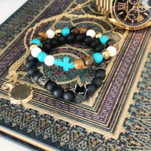 Boho armband med grå agat och tennskalle - produktbild 2