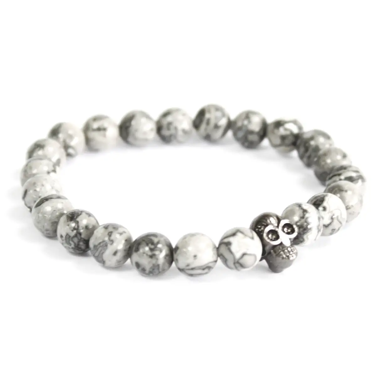 Boho-armband med runda grå agatpärlor och tennskalle som detalj