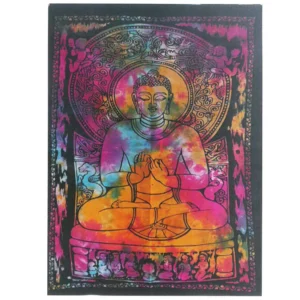 Färgstark bomullsbonad med Buddha-motiv i sittande meditation