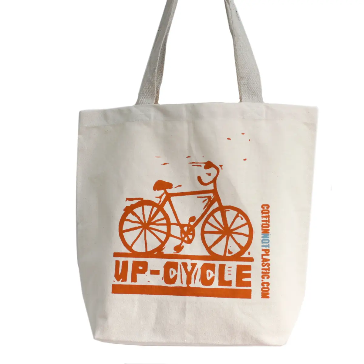 Vit bomullspåse med orange cykeltryck och texten Up Cycle