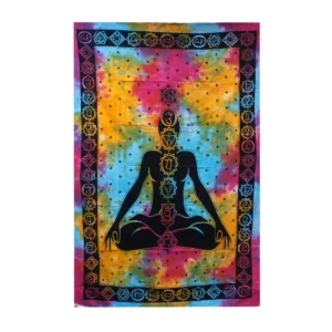 Färgstarkt bomullstäcke och väggbonad med Chakra Buddha-motiv i meditativ pose