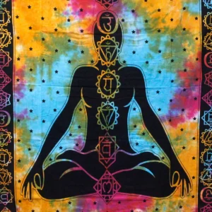 Färgstarkt bomullstäcke med chakra och Buddha-motiv i meditativ pose