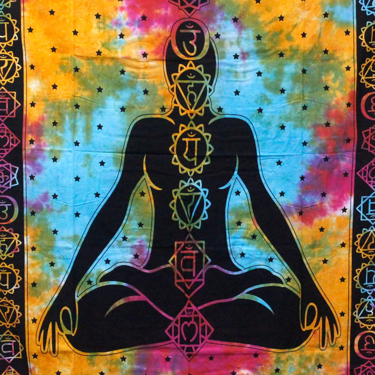 Färgstarkt bomullstäcke med chakra och Buddha-motiv i meditativ pose