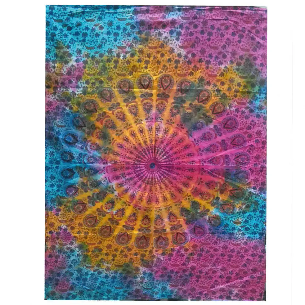 Färgstark bomullsväggbonad med rund mandala i blått, rosa och gult