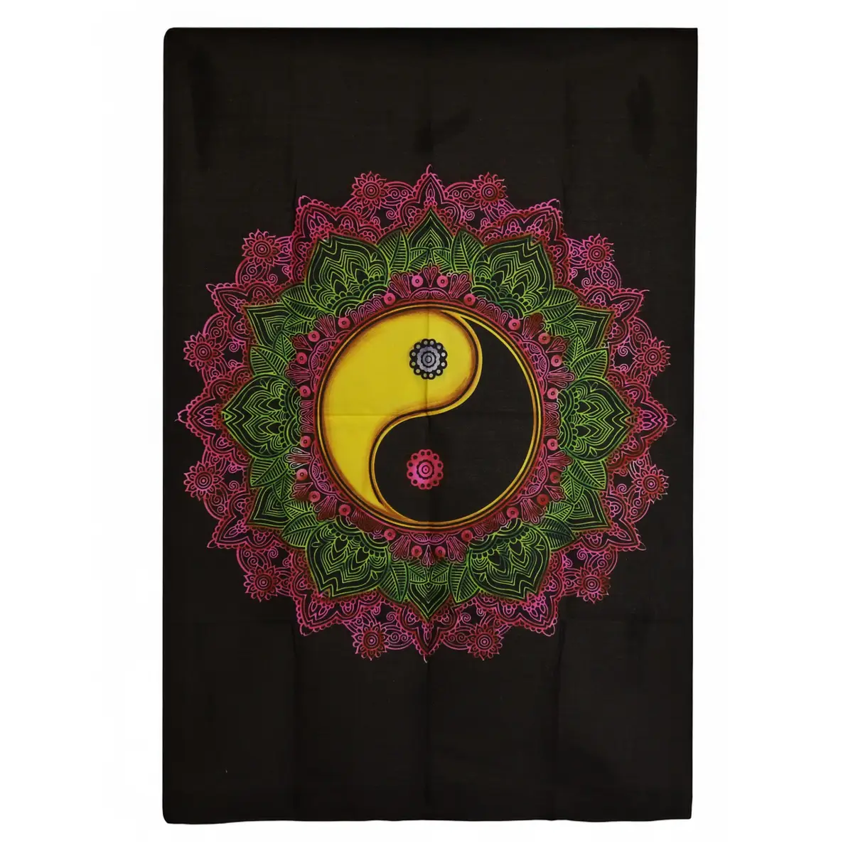 Bomullsväggbonad med färgstark Ying & Yang-mandala på svart bakgrund