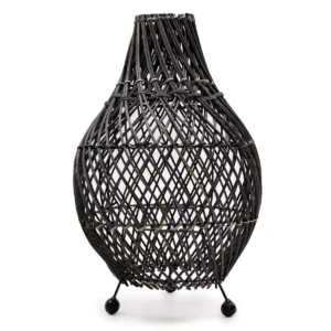 Svart bordslampa i rotting med öppen design och tre små ben
