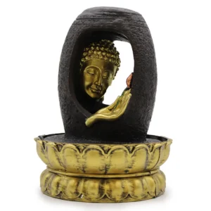 Bordsvatteninstallation med gyllene Buddha och Vitarka Mudra i svart och guld
