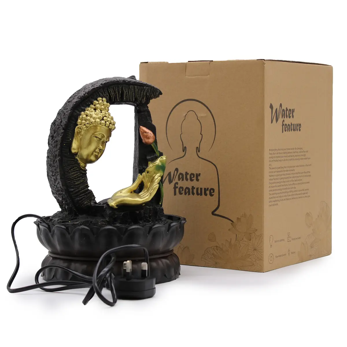 Bordsvatteninstallation med gyllene Buddha och lotus, 30 cm - produktbild 5