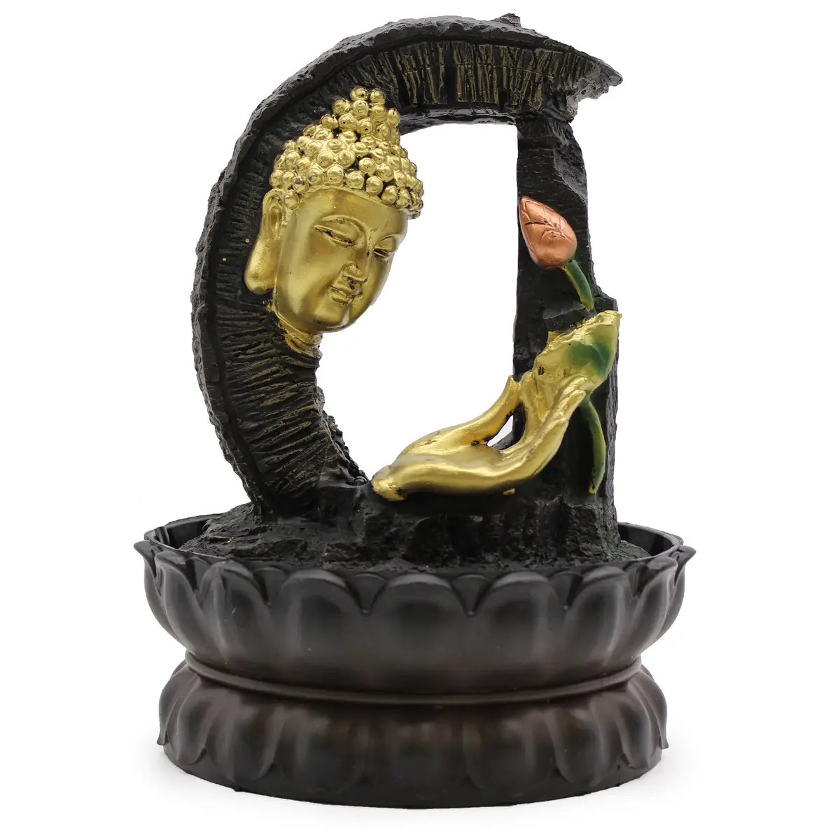 Bordsvatteninstallation med gyllene Buddha och lotus i svart och guld
