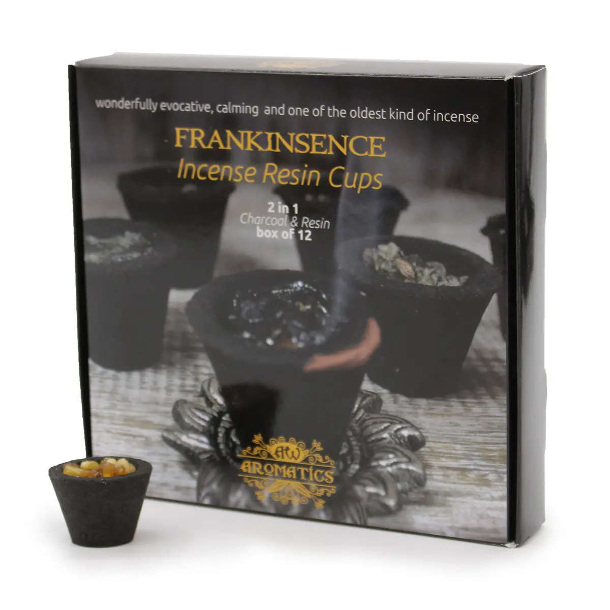 Förpackning med 12 hartsbägare för rökelse frankincense och en hartsbägare i förgrunden