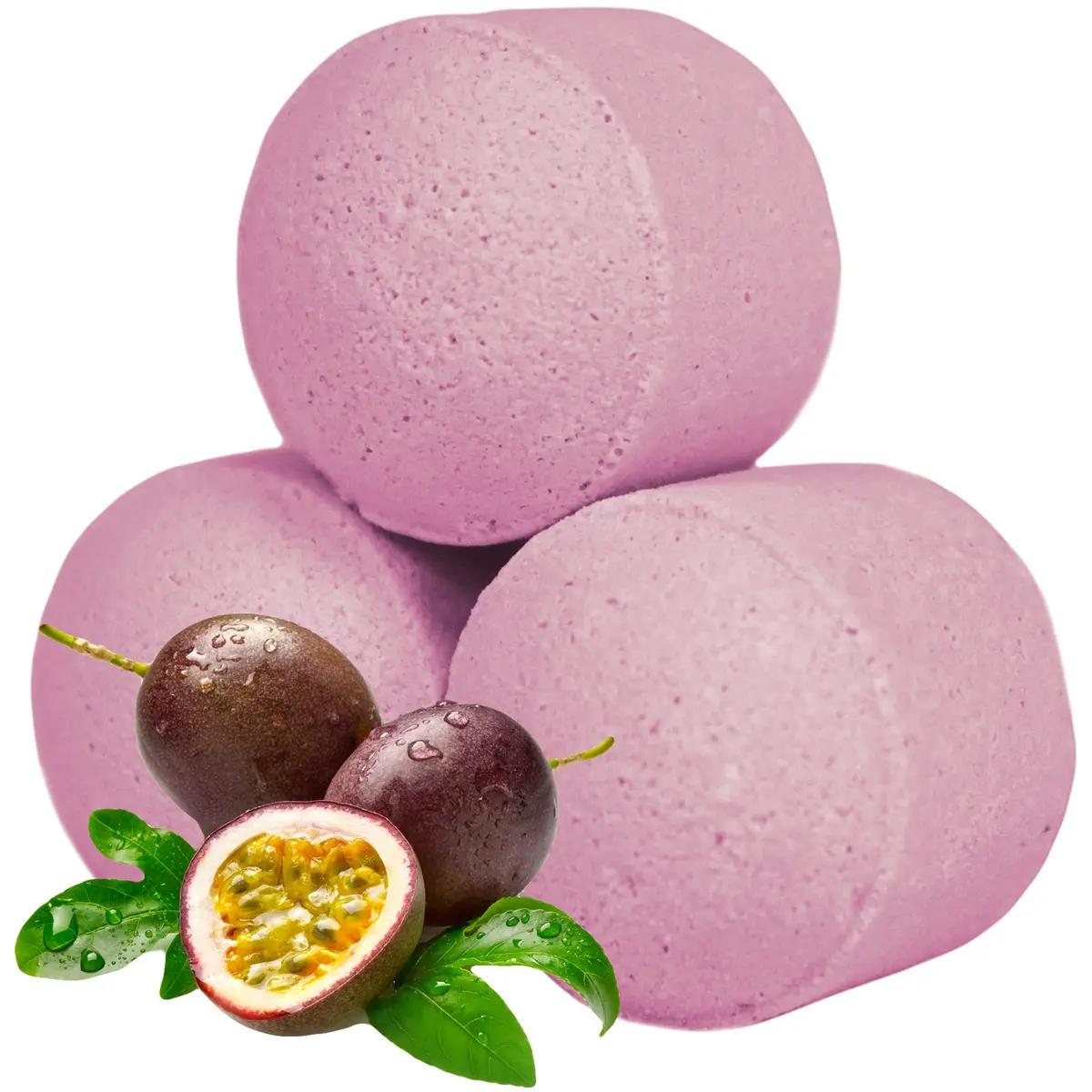 Fyra rosa badbomber med passionsfrukt och gröna blad