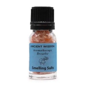 Flaska med Breathe aromaterapi doftsalt innehållande rosa Himalayasalt och svart lock