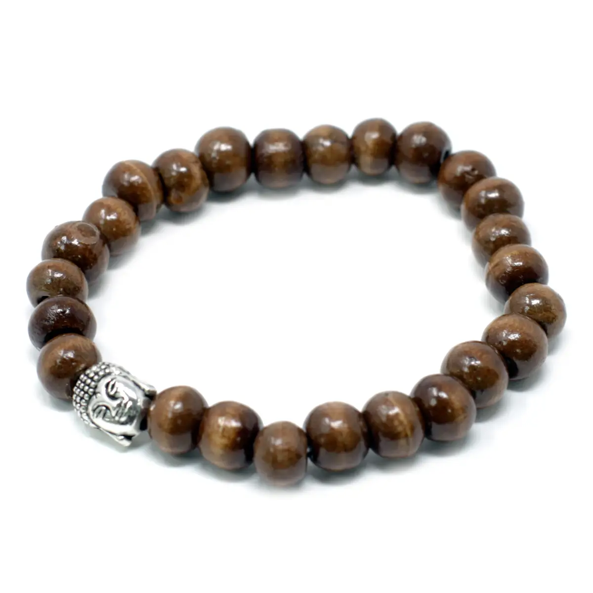 Brunt elastiskt armband med träpärlor och en silverfärgad Buddha-berlock