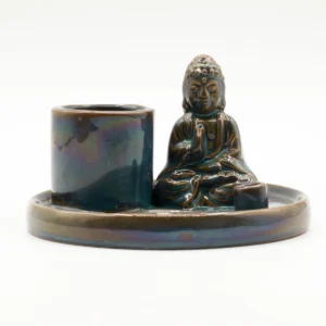 Blått Buddha-rökelsefat i keramik med sittande Buddha och hållare för rökelsepinnar och koner