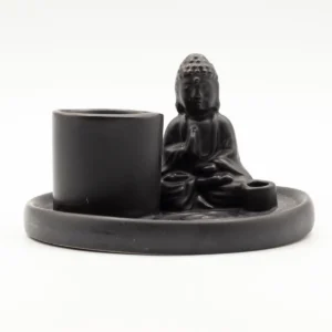 Matt svart keramiskt Buddha-rökelsefat med sittande Buddha och hållare för rökelsepinnar och koner