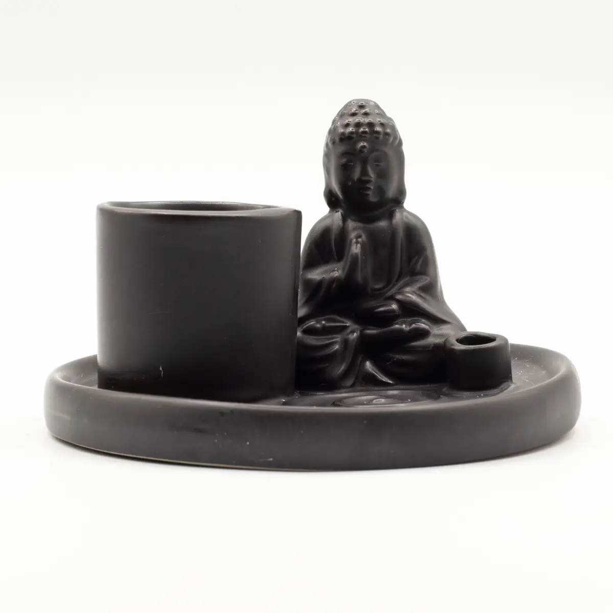 Matt svart keramiskt Buddha-rökelsefat med sittande Buddha och hållare för rökelsepinnar och koner
