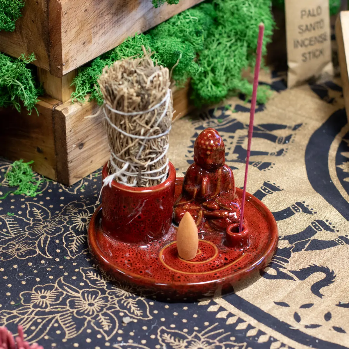 Buddha-rökelsefat i keramik mjuk röd - produktbild 4