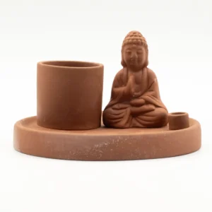 Terrakottafärgat Buddha-rökelsefat med hållare för rökelsepinnar och koner