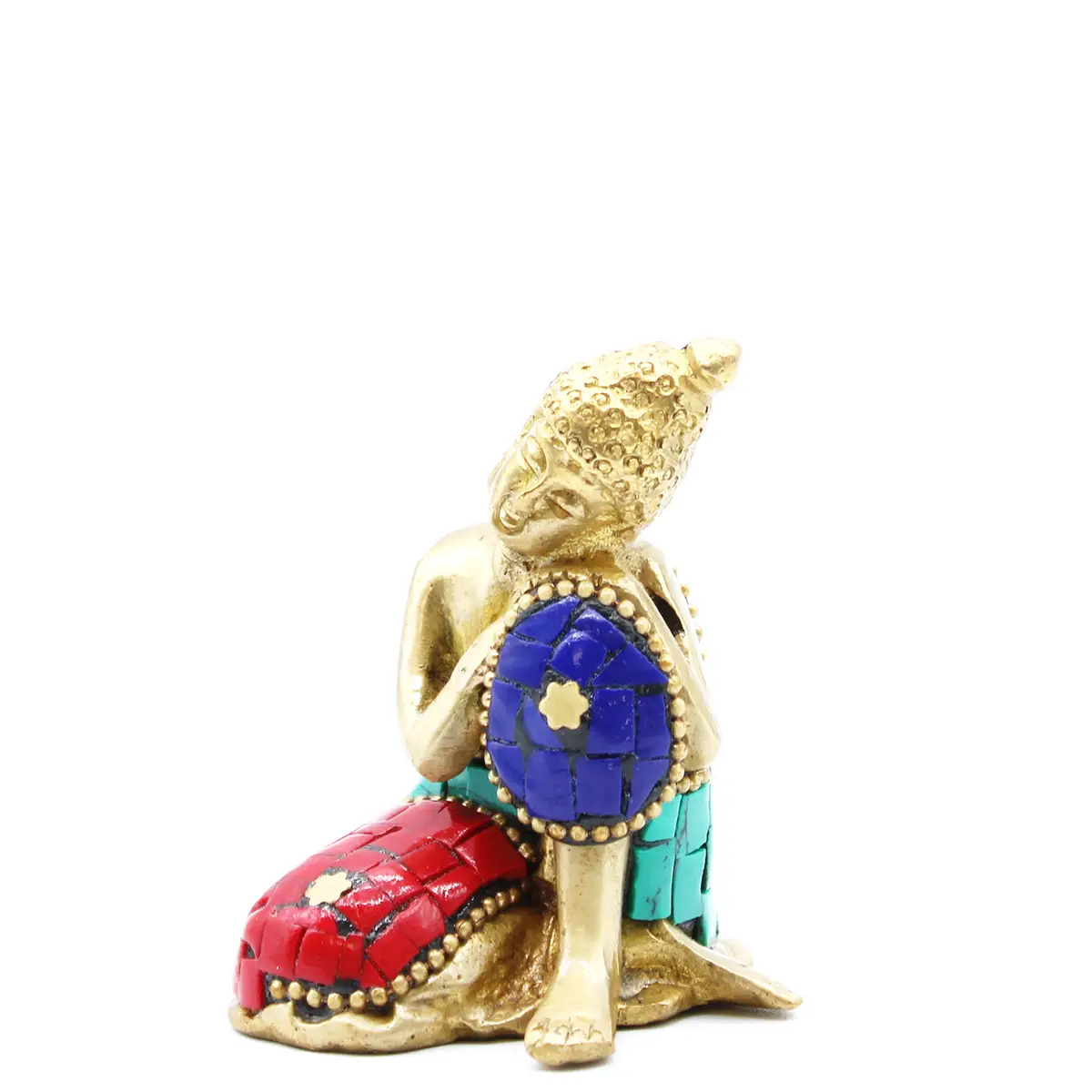 Handgjord buddhafigur i mässing med blå och röda stenliknande detaljer
