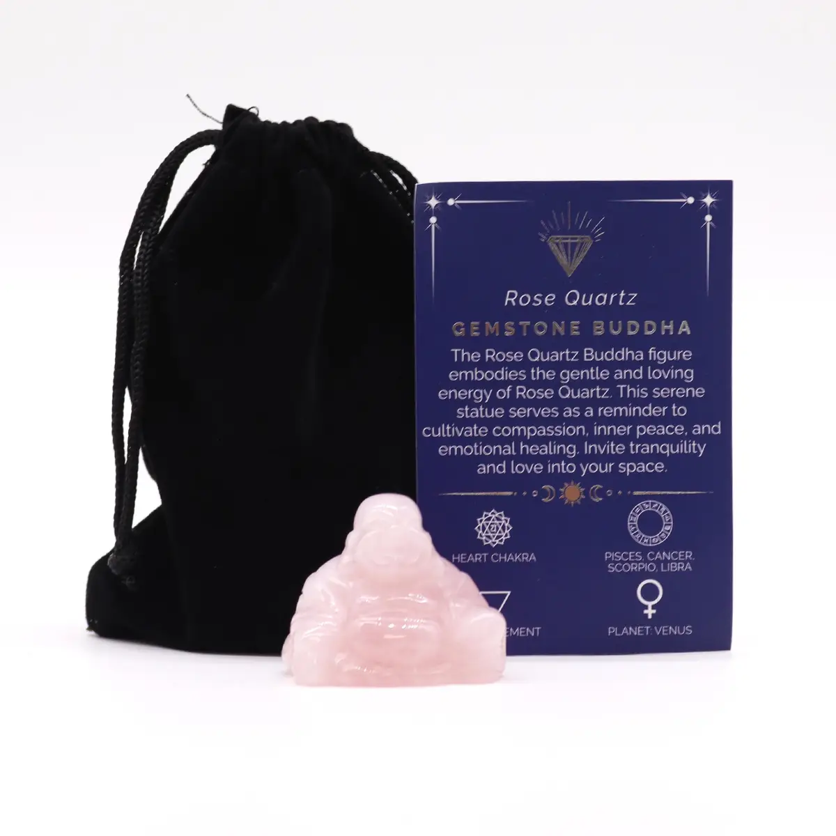 Liten Buddhafigur i rosa rosenkvarts med svart påse och informationskort