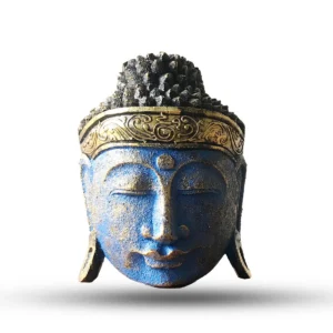 Blått buddhahuvud med guldfärgad dekor och glansig finish