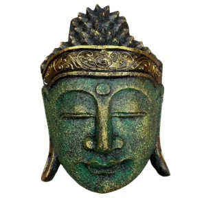 Buddhahuvud för heminredning i albasiaträ 25 cm med grön finish - produktbild 2