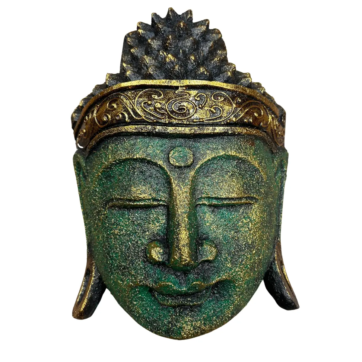 Buddhahuvud för heminredning i albasiaträ 25 cm med grön finish - produktbild 2