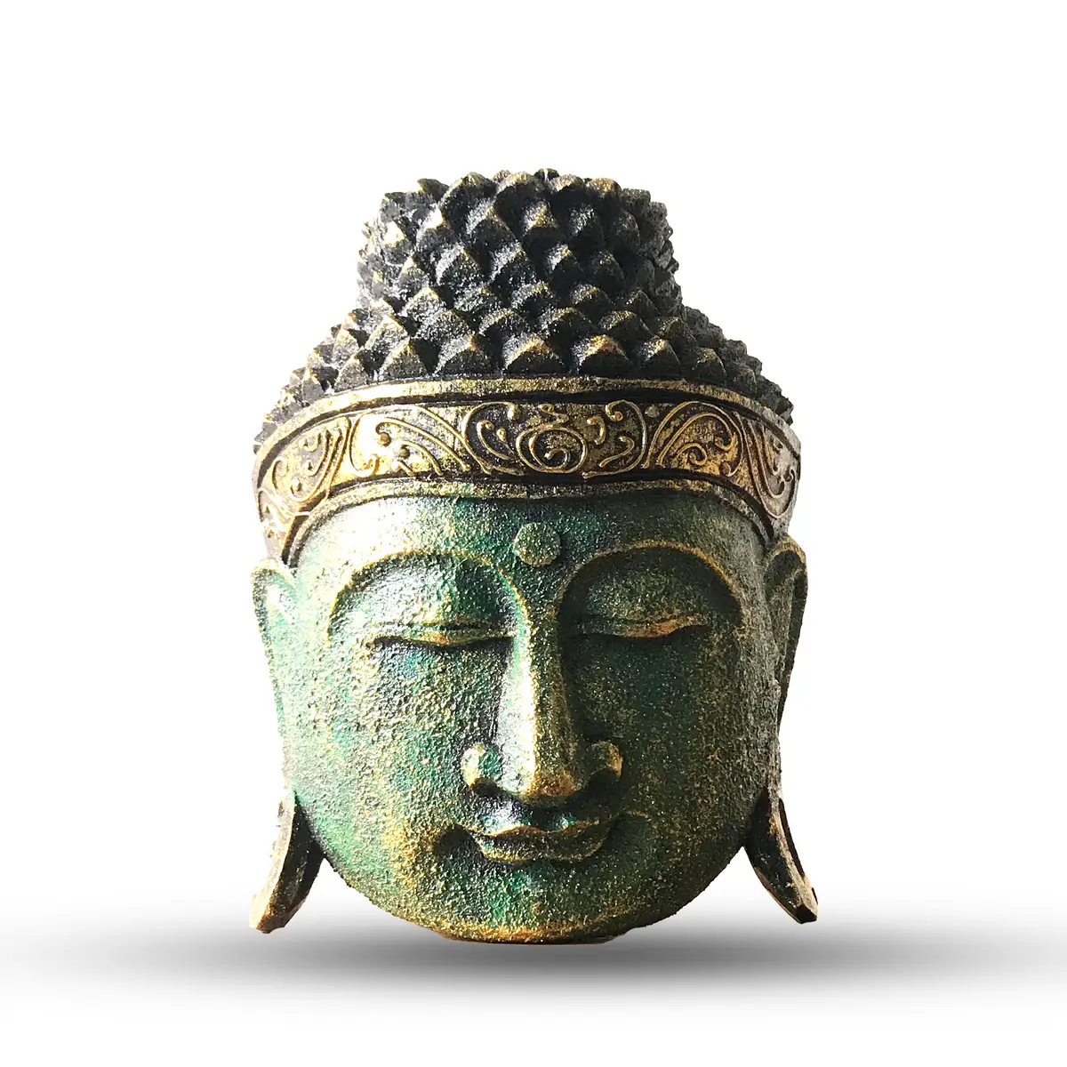 Grönt buddhahuvud i trä med dekorativ guldfinish