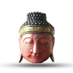 Rött buddhahuvud med gyllene detaljer i trä, 25 cm högt