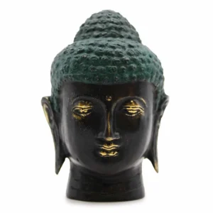Medium stort Buddhahuvud i antik mässing med grön patina på håret