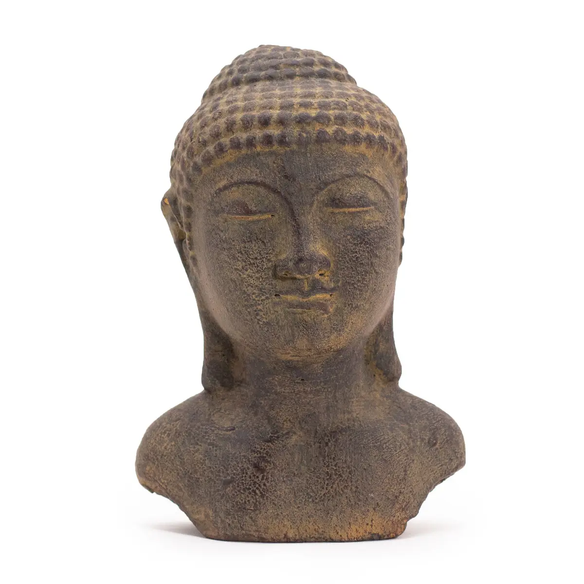Grått Buddhahuvud i antik stil med detaljerad yta
