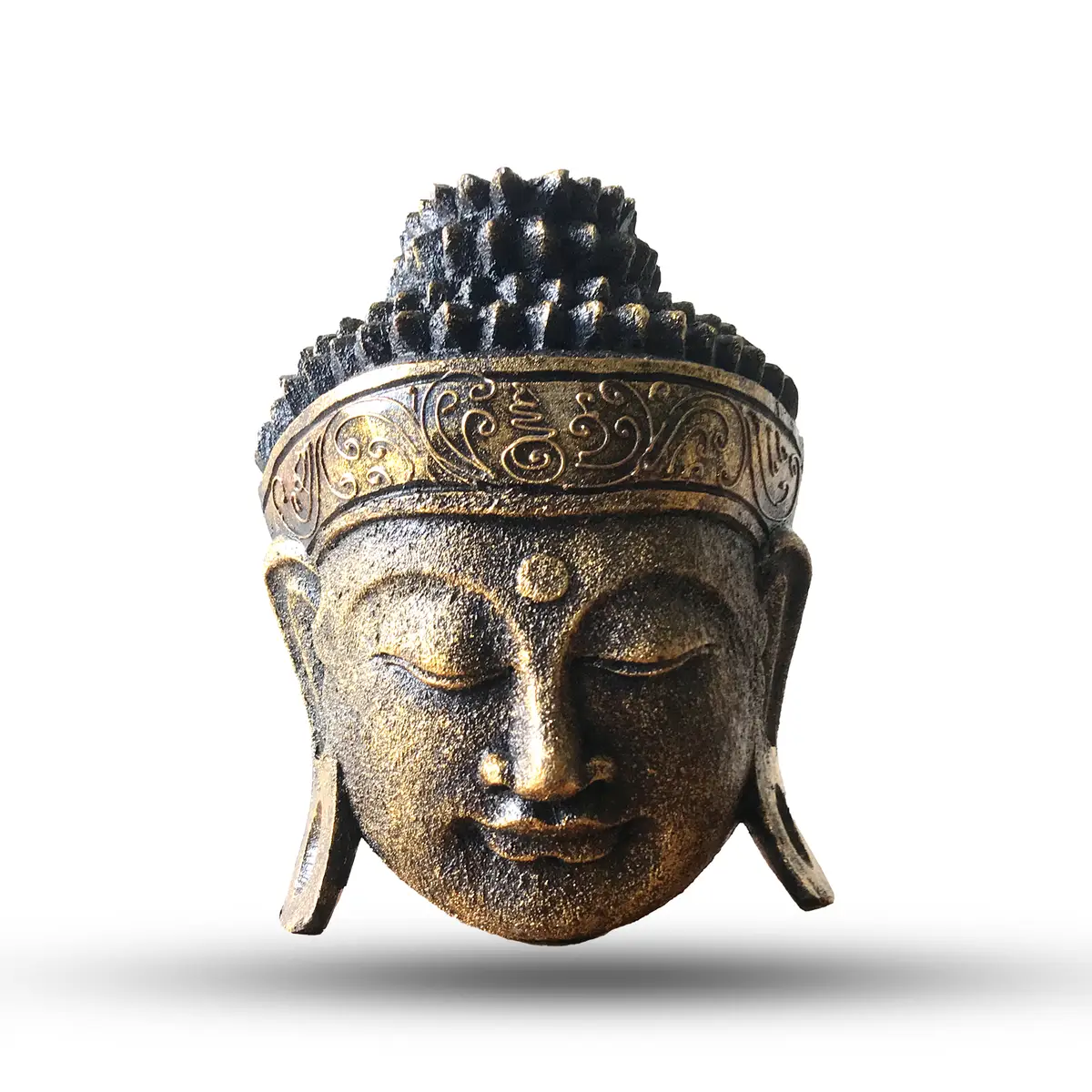 Guldskimrande buddhahuvud i trä med detaljerad design