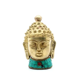 Handgjord buddhaskulptur i mässing med turkosdetaljer runt basen