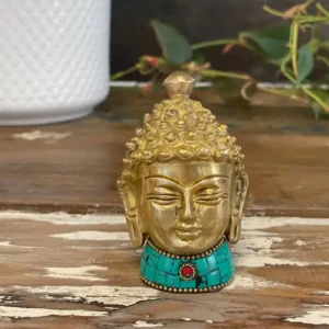 Buddhahuvud i mässing med turkosdetaljer 8 cm - produktbild 5
