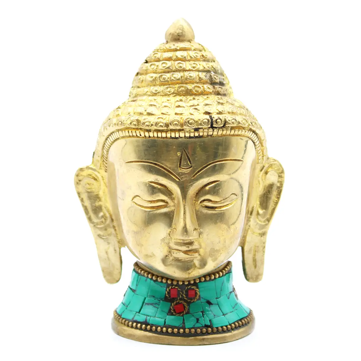 Litet buddhahuvud i mässing med turkos och karneoldetaljer
