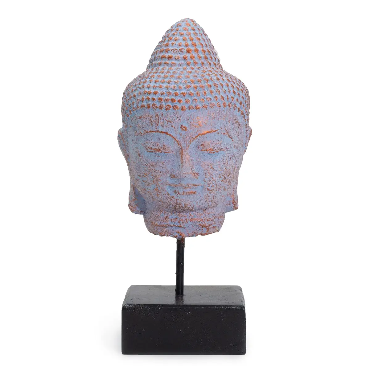 Buddhahuvud i blå kopparfärg på svart stativ mot vit bakgrund