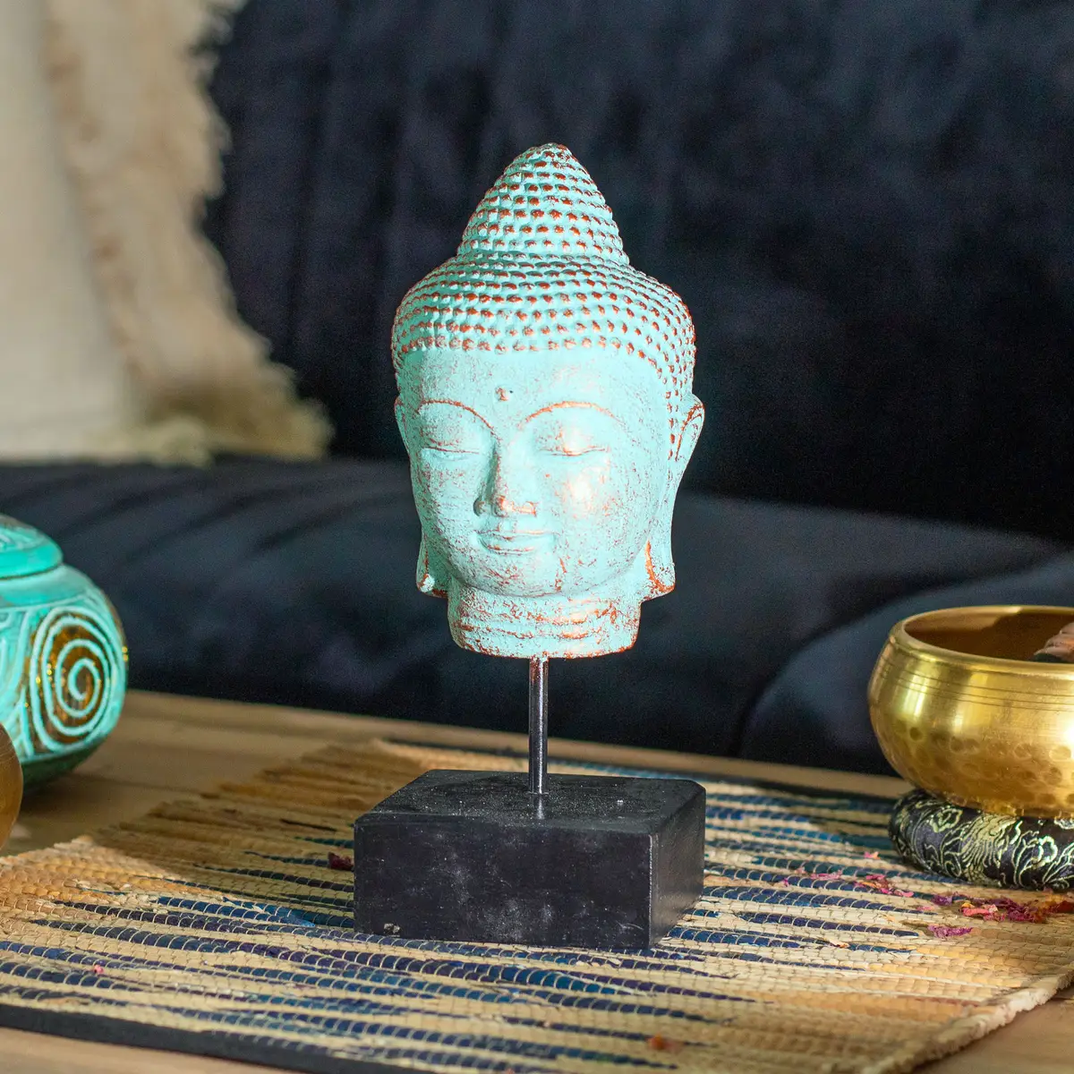 Buddhahuvud på stativ i grön koppar - produktbild 2