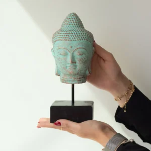 Buddhahuvud på stativ i grön koppar - produktbild 3
