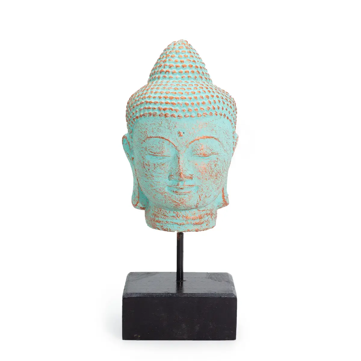 Grönt Buddhahuvud med kopparfinish på svart stativ mot vit bakgrund