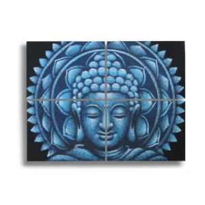 Fyra delar buddhamålning med blå mandala i brokad på canvas