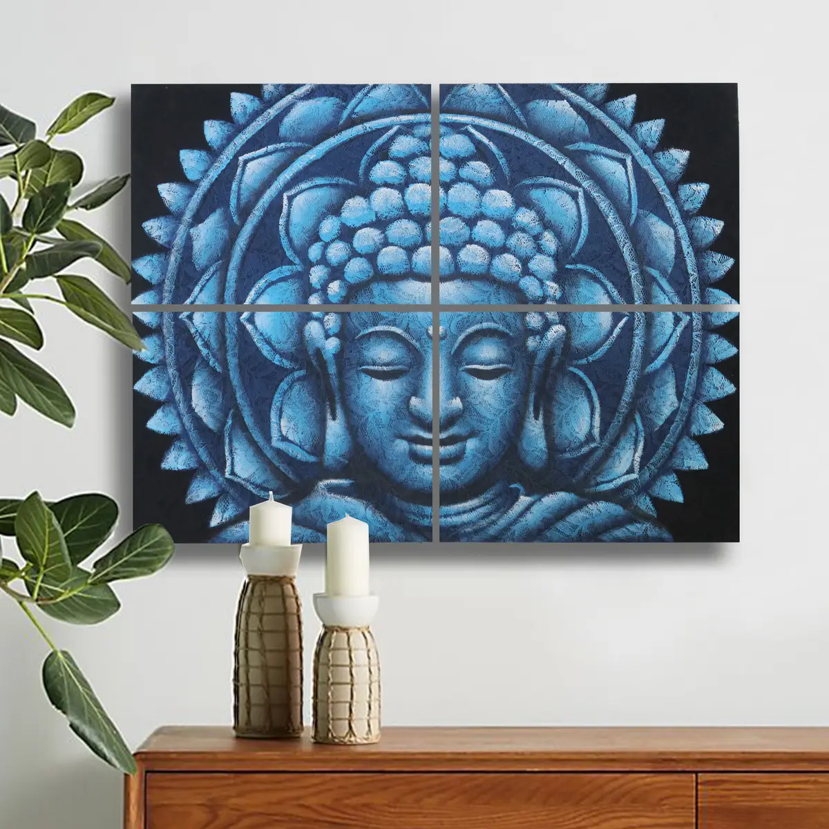 Buddhamålning Blue Buddha Mandala i brokad, 30x40 cm, 4 delar - produktbild 2