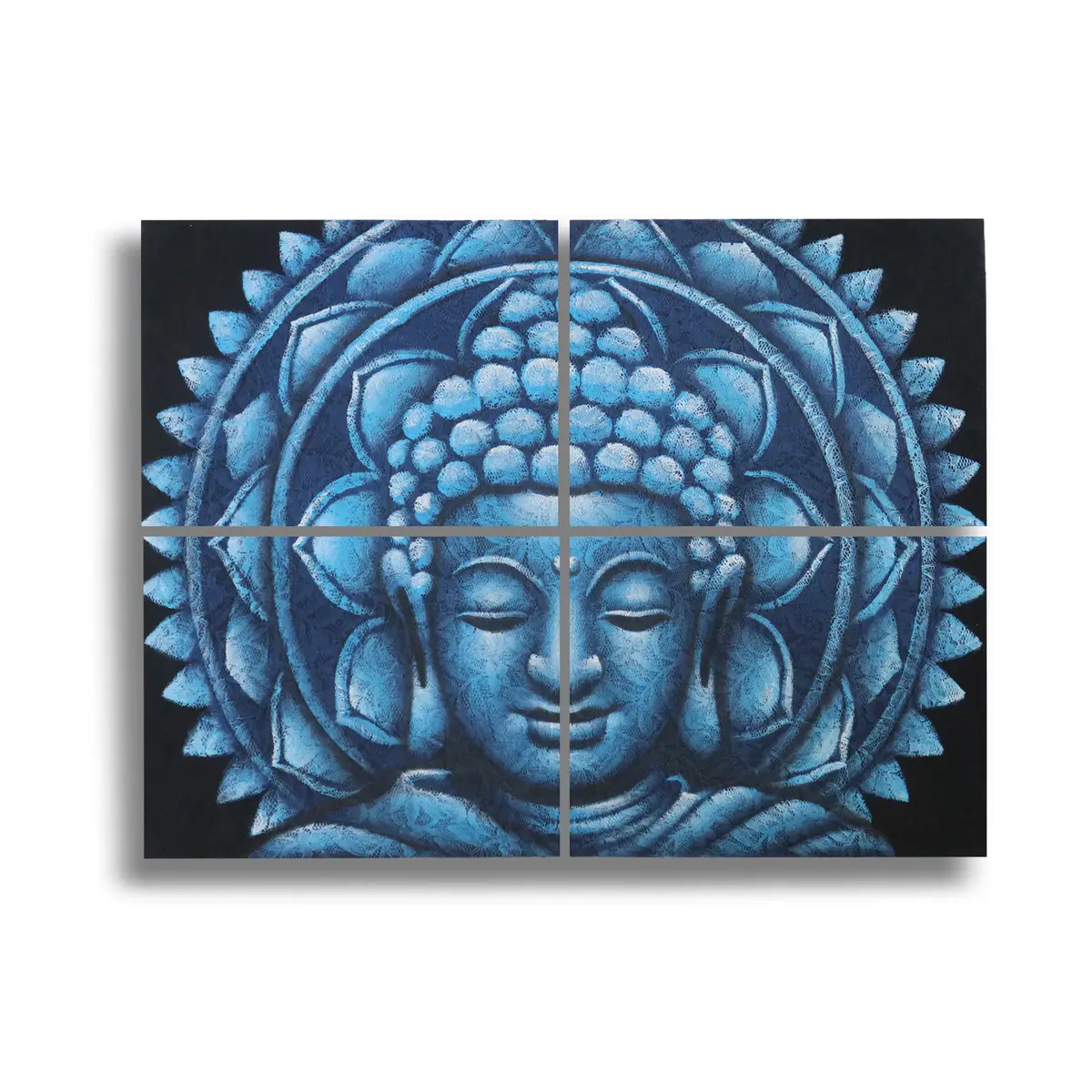 Fyra delar buddhamålning med blå mandala i brokad på canvas
