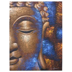 Närbild av handgjord buddhamålning Copperface med texturerad yta i koppar, blått och orange